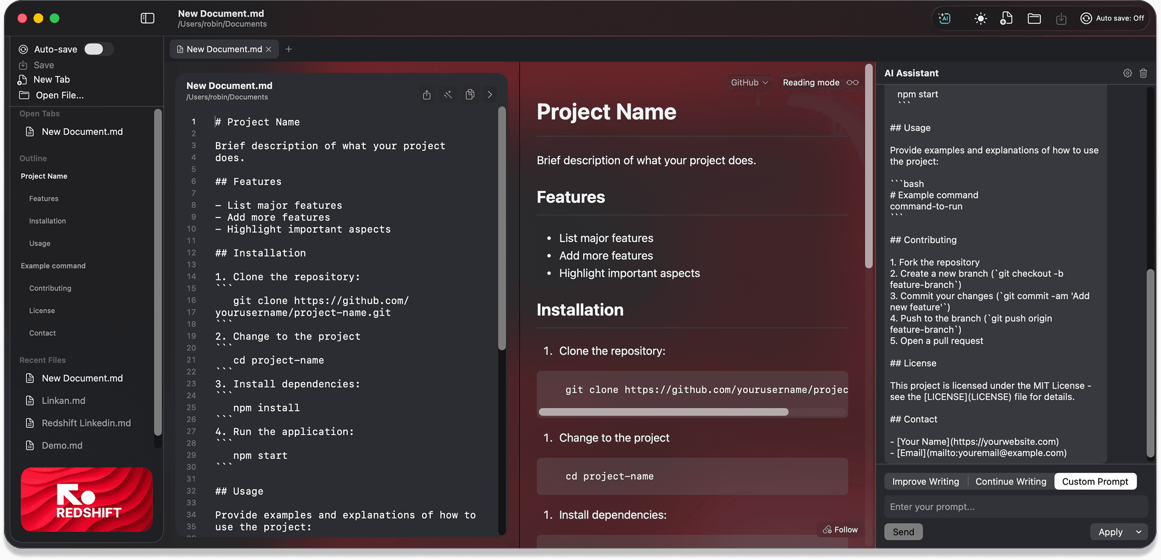 Redshift Markdown Editor Interface